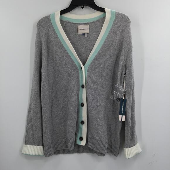 Court & Rowe Stripe Trim Button Front Cardigan Long Sleeve V-Neck Gray SZ Small - Picture 2 of 8